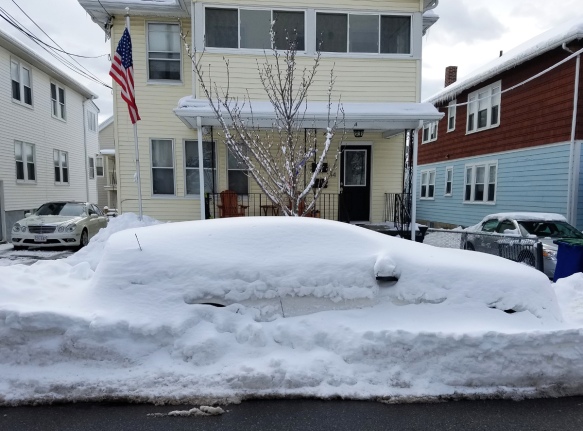 Car covered in snow during a snow emergency at Somerville MA