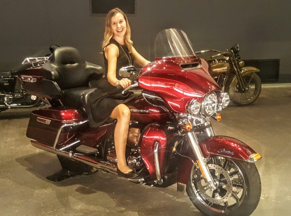 Riding a Harley at Harley Davidson Museum Milwaukee Wisconsin